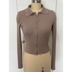 SHEIN Brown Ribbed Knit Zip Up Cardigan Size small (see photos measurements)